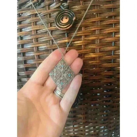 Silver & Turquoise tone Beaded diamond Pendant Necklace western feminine ranch - Picture 4 of 5